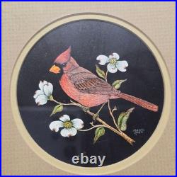 Vintage Jeanne Reifel Birds Flowers Scratchboard Small Art Painting Folk Art
