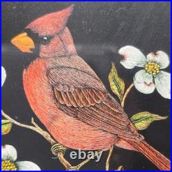 Vintage Jeanne Reifel Birds Flowers Scratchboard Small Art Painting Folk Art