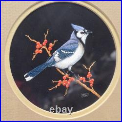Vintage Jeanne Reifel Birds Flowers Scratchboard Small Art Painting Folk Art