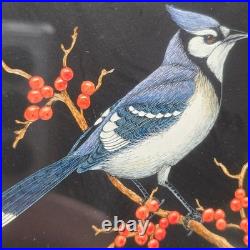 Vintage Jeanne Reifel Birds Flowers Scratchboard Small Art Painting Folk Art