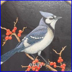 Vintage Jeanne Reifel Birds Flowers Scratchboard Small Art Painting Folk Art