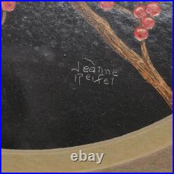 Vintage Jeanne Reifel Birds Flowers Scratchboard Small Art Painting Folk Art