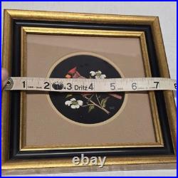 Vintage Jeanne Reifel Birds Flowers Scratchboard Small Art Painting Folk Art