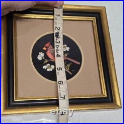 Vintage Jeanne Reifel Birds Flowers Scratchboard Small Art Painting Folk Art