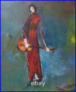 Vintage John Turnball Folk Art Oil Painting Ocean City NJ Girl with Guitar