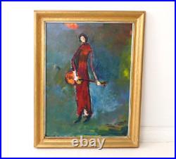 Vintage John Turnball Folk Art Oil Painting Ocean City NJ Girl with Guitar