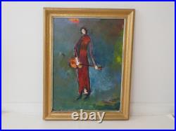 Vintage John Turnball Folk Art Oil Painting Ocean City NJ Girl with Guitar
