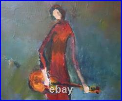 Vintage John Turnball Folk Art Oil Painting Ocean City NJ Girl with Guitar
