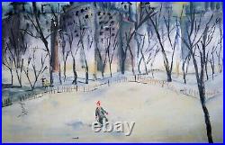 Vintage Large 1961 Oil Painting On Canvas Signed American Folk Art Winter Play