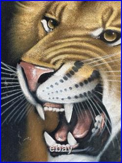 Vintage Lion Black Velvet Painting FOLK ART MCM SIGNED ORTEZ 41 x 28 Man Cave