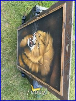 Vintage Lion Black Velvet Painting FOLK ART MCM SIGNED ORTEZ 41 x 28 Man Cave