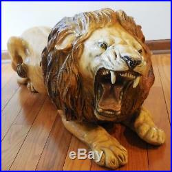 Vintage Lion Statue Hand Painted Plaster Over Fiberglass Life Size Folk Art 39L