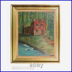 Vintage Log Cabin Folk Art Oil Painting With Gold Frame