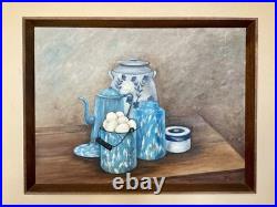 Vintage MCM Still Life Oil Painting 1960s Blue Farmhouse Kitchen Folk Art Signed