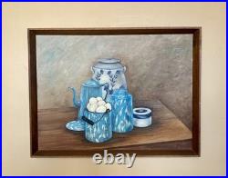 Vintage MCM Still Life Oil Painting 1960s Blue Farmhouse Kitchen Folk Art Signed