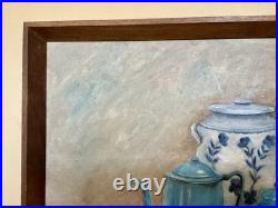 Vintage MCM Still Life Oil Painting 1960s Blue Farmhouse Kitchen Folk Art Signed