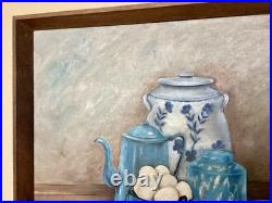 Vintage MCM Still Life Oil Painting 1960s Blue Farmhouse Kitchen Folk Art Signed