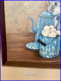 Vintage MCM Still Life Oil Painting 1960s Blue Farmhouse Kitchen Folk Art Signed
