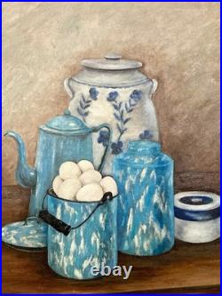 Vintage MCM Still Life Oil Painting 1960s Blue Farmhouse Kitchen Folk Art Signed