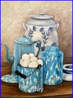 Vintage MCM Still Life Oil Painting 1960s Blue Farmhouse Kitchen Folk Art Signed