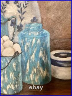 Vintage MCM Still Life Oil Painting 1960s Blue Farmhouse Kitchen Folk Art Signed