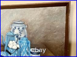 Vintage MCM Still Life Oil Painting 1960s Blue Farmhouse Kitchen Folk Art Signed