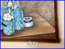 Vintage MCM Still Life Oil Painting 1960s Blue Farmhouse Kitchen Folk Art Signed