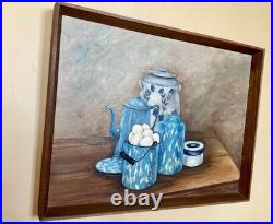 Vintage MCM Still Life Oil Painting 1960s Blue Farmhouse Kitchen Folk Art Signed