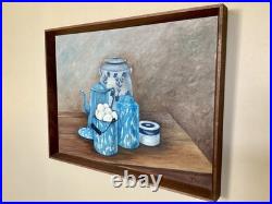 Vintage MCM Still Life Oil Painting 1960s Blue Farmhouse Kitchen Folk Art Signed