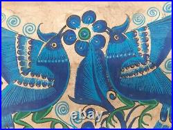Vintage Mexican Folk art Amate Bark Painting Birds Blue