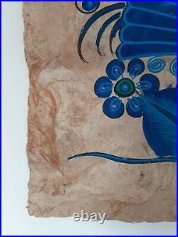Vintage Mexican Folk art Amate Bark Painting Birds Blue