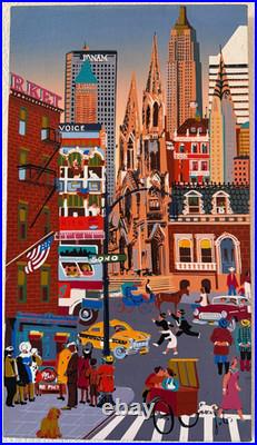 Vintage Mid Century NYC Oil Painting Folk Art Signed New York City Canvas MCM