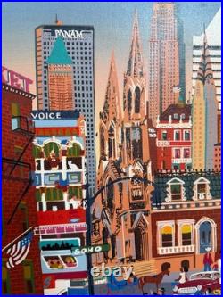 Vintage Mid Century NYC Oil Painting Folk Art Signed New York City Canvas MCM
