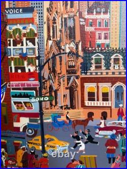Vintage Mid Century NYC Oil Painting Folk Art Signed New York City Canvas MCM