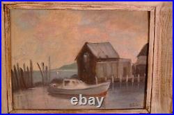 Vintage Midcentury Orig Oil Folk Art Oil Painting Boat Marine Fish Dock Coastal