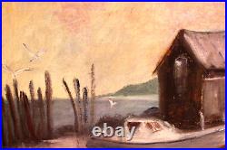 Vintage Midcentury Orig Oil Folk Art Oil Painting Boat Marine Fish Dock Coastal