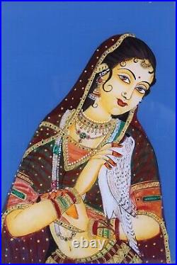 Vintage Miniature Mughal Folk Art Painting of Rani Holding Baaj Old Wood Frame