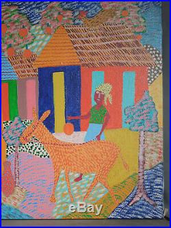 Vintage Modern Primitive Haitian Folk Art BIG Painting Georges Auguste VIBRANT