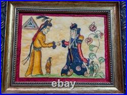Vintage Mongolian Folk Art Painting Mongol Zurag Court Scene Custom Velvet Frame