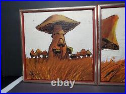 Vintage Mushroom Field Folk Art Acrylic Painting Landscape Red Wood Frame