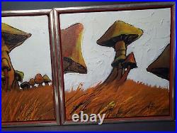 Vintage Mushroom Field Folk Art Acrylic Painting Landscape Red Wood Frame