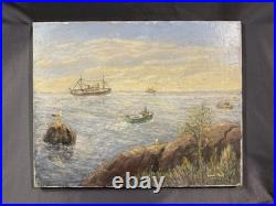 Vintage Nautical Maritime Oil on Canvas Painting Harbor Scene Seascape with Boats