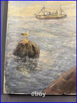 Vintage Nautical Maritime Oil on Canvas Painting Harbor Scene Seascape with Boats