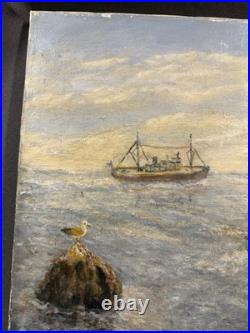 Vintage Nautical Maritime Oil on Canvas Painting Harbor Scene Seascape with Boats