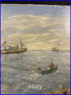 Vintage Nautical Maritime Oil on Canvas Painting Harbor Scene Seascape with Boats