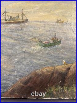 Vintage Nautical Maritime Oil on Canvas Painting Harbor Scene Seascape with Boats