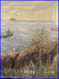 Vintage Nautical Maritime Oil on Canvas Painting Harbor Scene Seascape with Boats