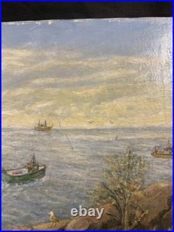 Vintage Nautical Maritime Oil on Canvas Painting Harbor Scene Seascape with Boats