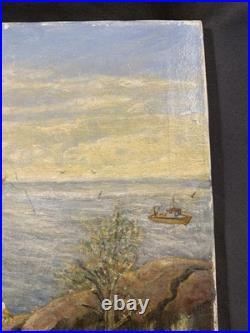 Vintage Nautical Maritime Oil on Canvas Painting Harbor Scene Seascape with Boats