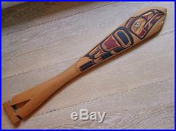 Vintage Northwest Coast RAVEN Carved Painted Paddle Signed Haida Folk Art Oar